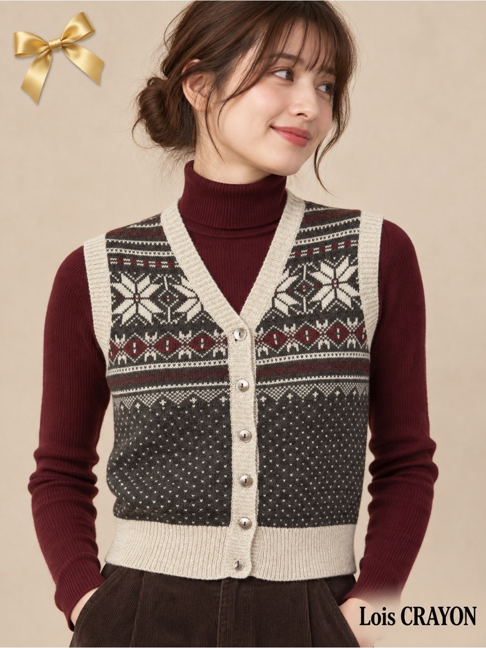 Lois CRAYON Fair Isle 80% Wool Button Sweater Vest Japanese M US XS